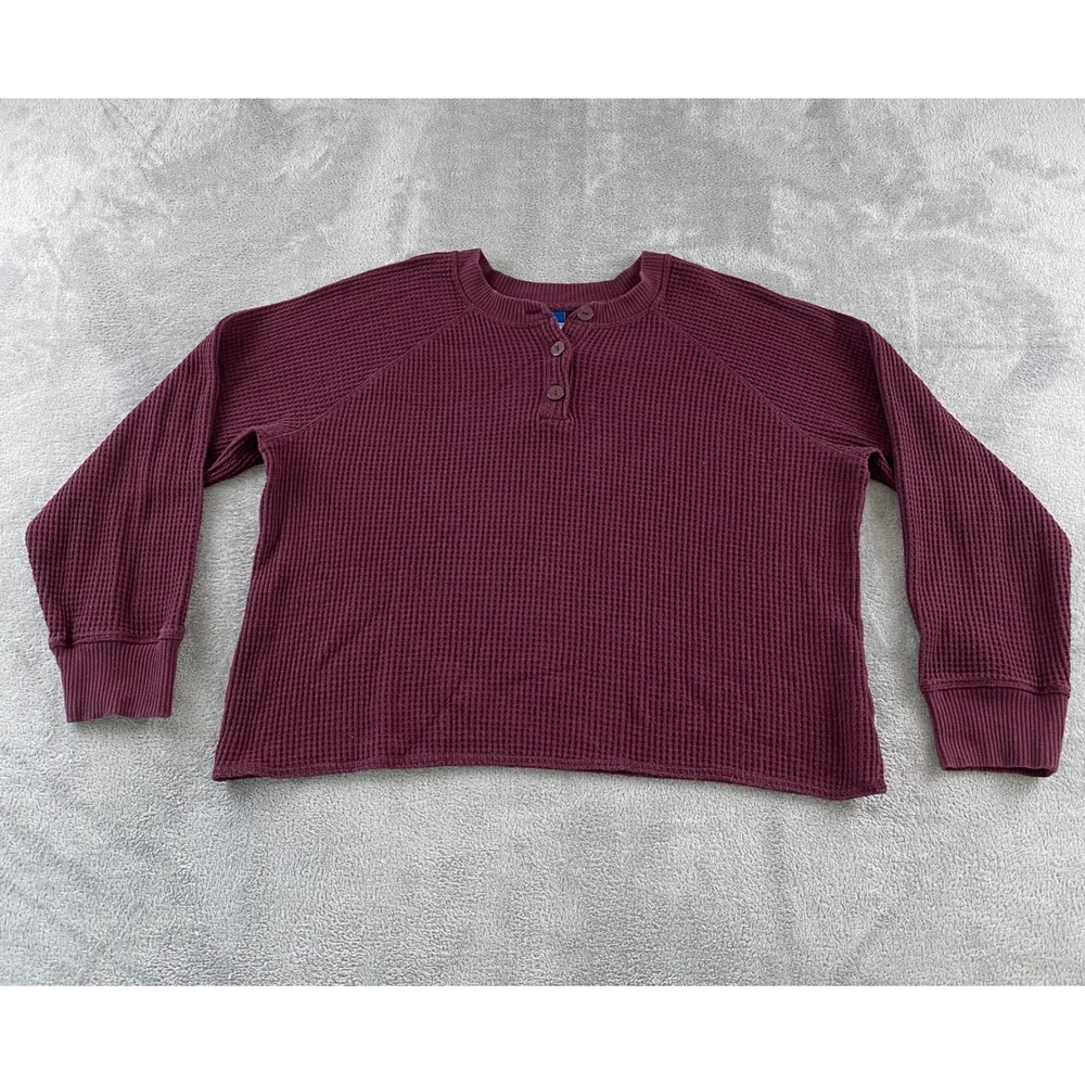 Old Navy Womens Large Burgundy Waffle Knit Henley Long Sleeve Raglan Top